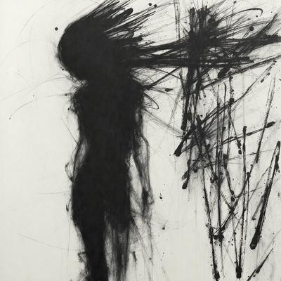 The primary subject of the image is a black and white drawing of a woman with a wild mane of hair. The drawing is done in a style that resembles a painting, giving it a unique and artistic appearance. The setting is a white background, which provides a clean and uncluttered environment for the drawing. The visual style is a combination of digital art and illustration, creating a striking and captivating image. The colors and mood of the drawing are predominantly black and white, with a touch of gray, giving it a dramatic and intense atmosphere.